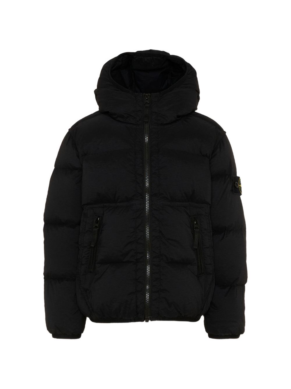 Stone Island Piumino nero trapuntato con cappuccio e badge Compass