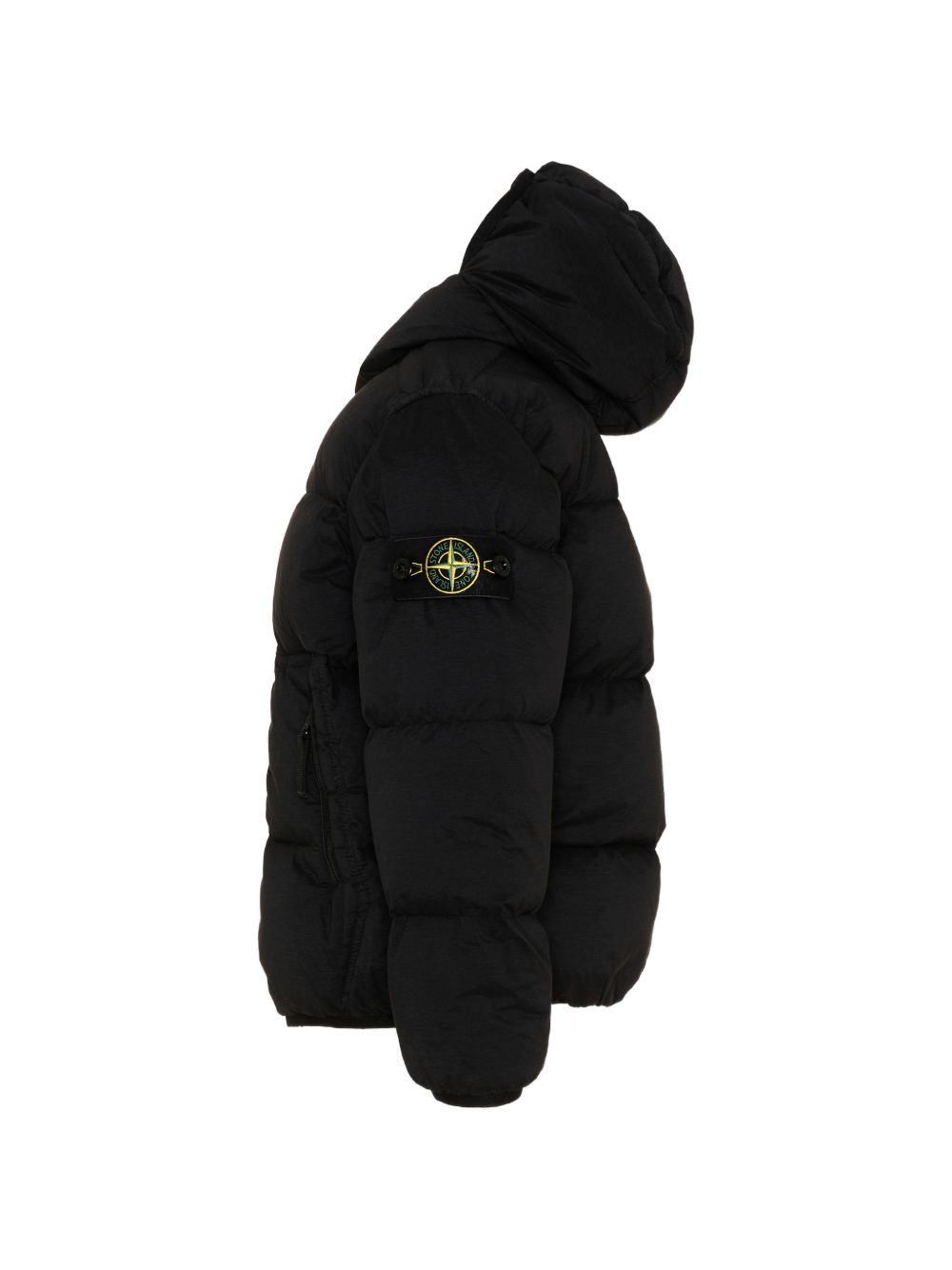 Stone Island Piumino nero trapuntato con cappuccio e badge Compass