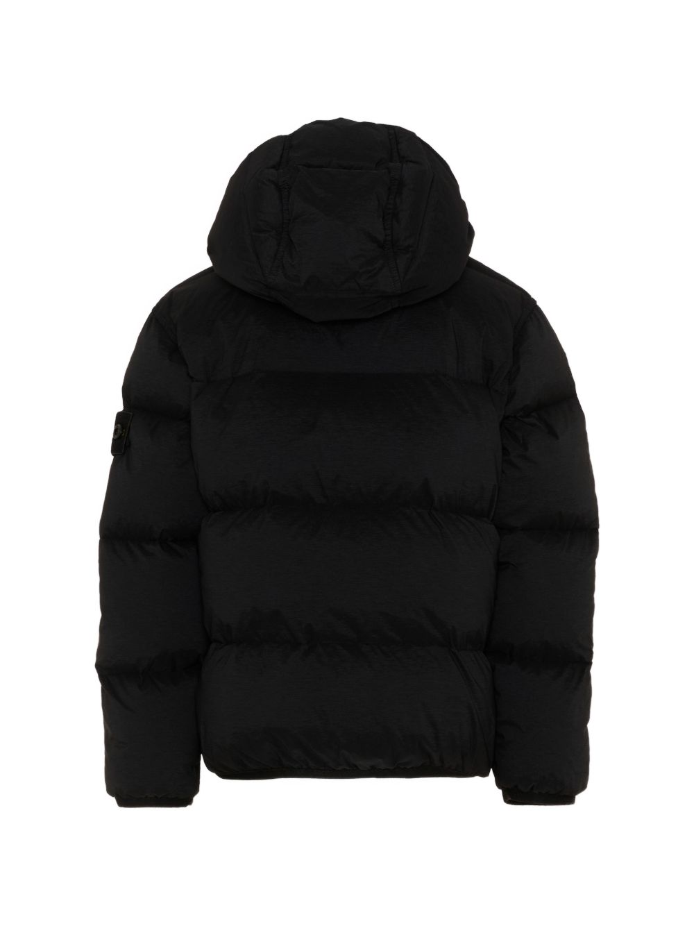 Stone Island Piumino nero trapuntato con cappuccio e badge Compass