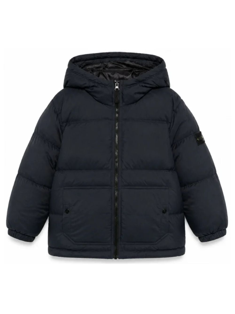 Stone Island Parka piumino blu con cappuccio e badge Compass