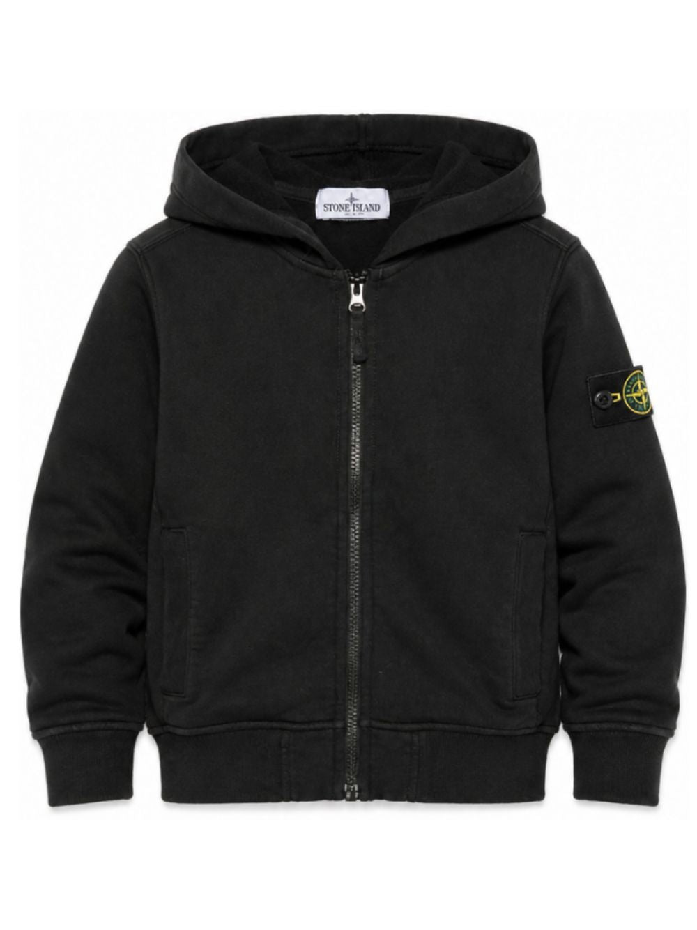 Stone Island Felpa nera con zip, cappuccio e badge Compass