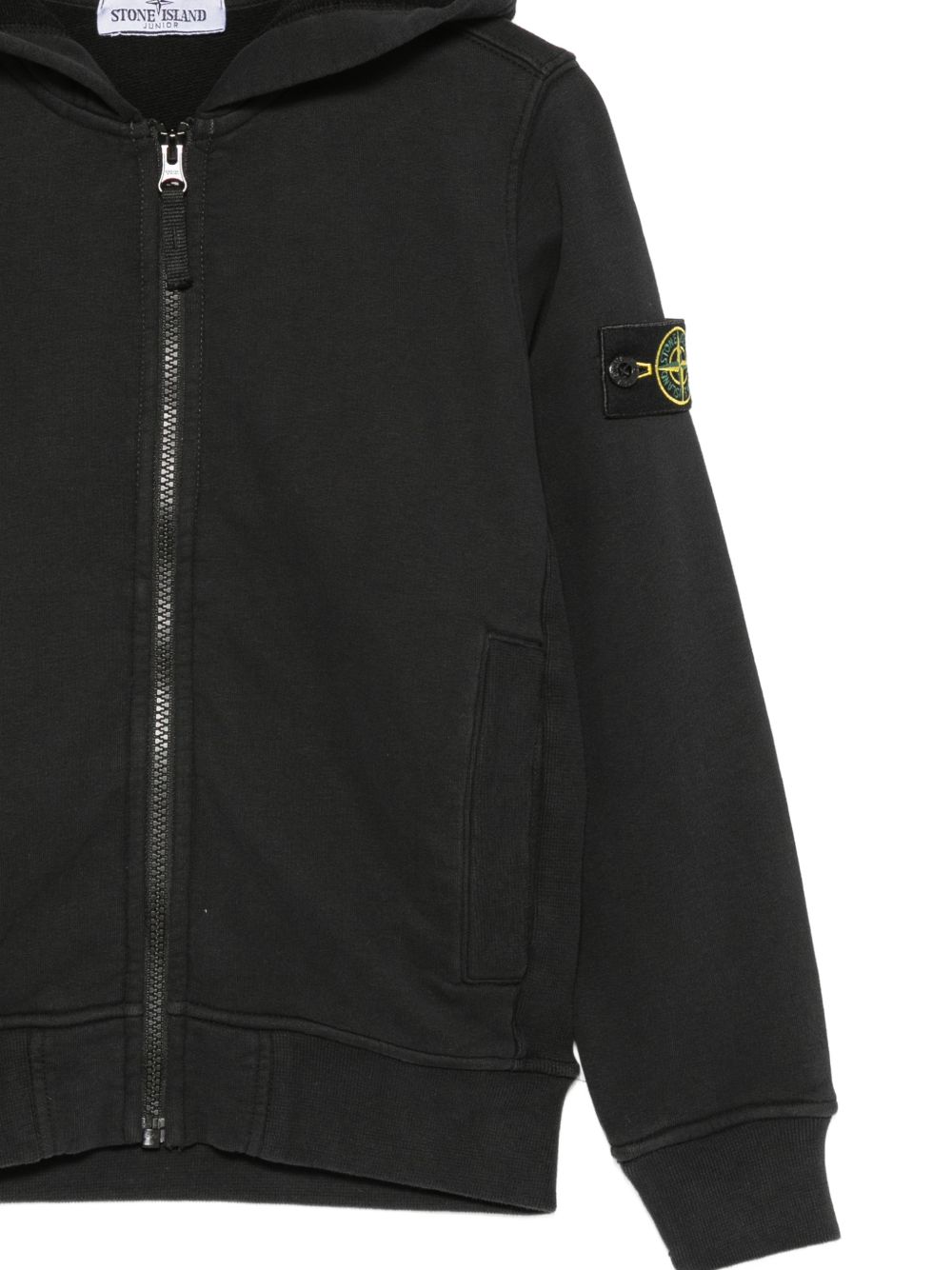 Stone Island Felpa nera con zip, cappuccio e badge Compass