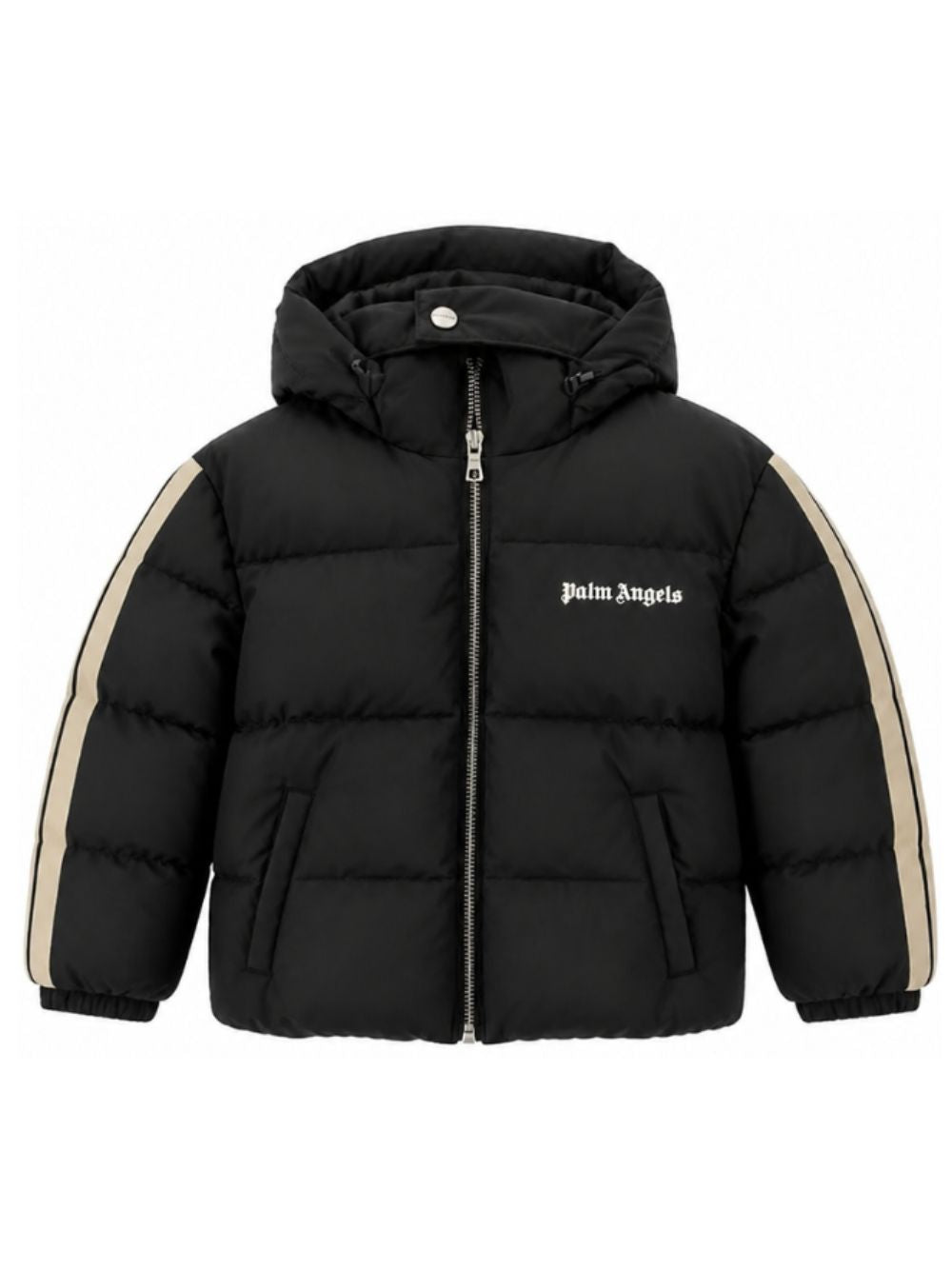 Palm Angels Piumino nero con cappuccio e bande laterali beige
