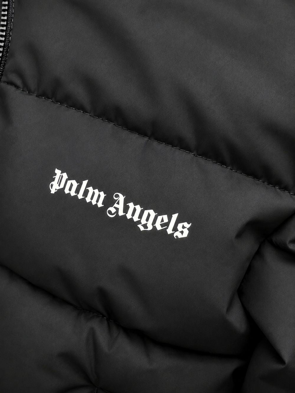 Palm Angels Piumino nero con cappuccio e bande laterali beige