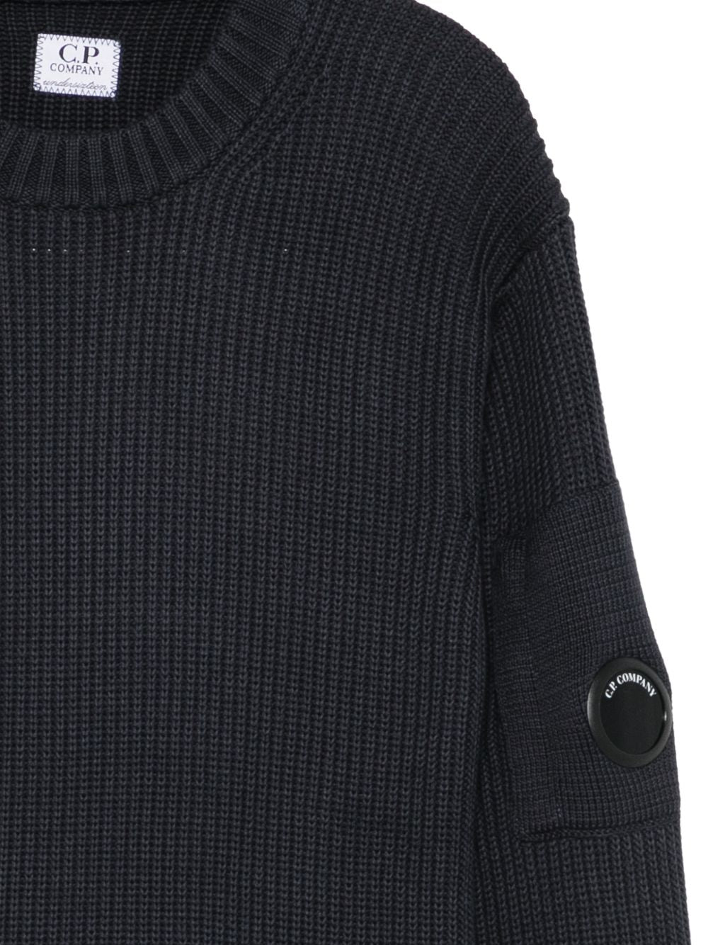 CP Company Maglione girocollo blu a coste con lente