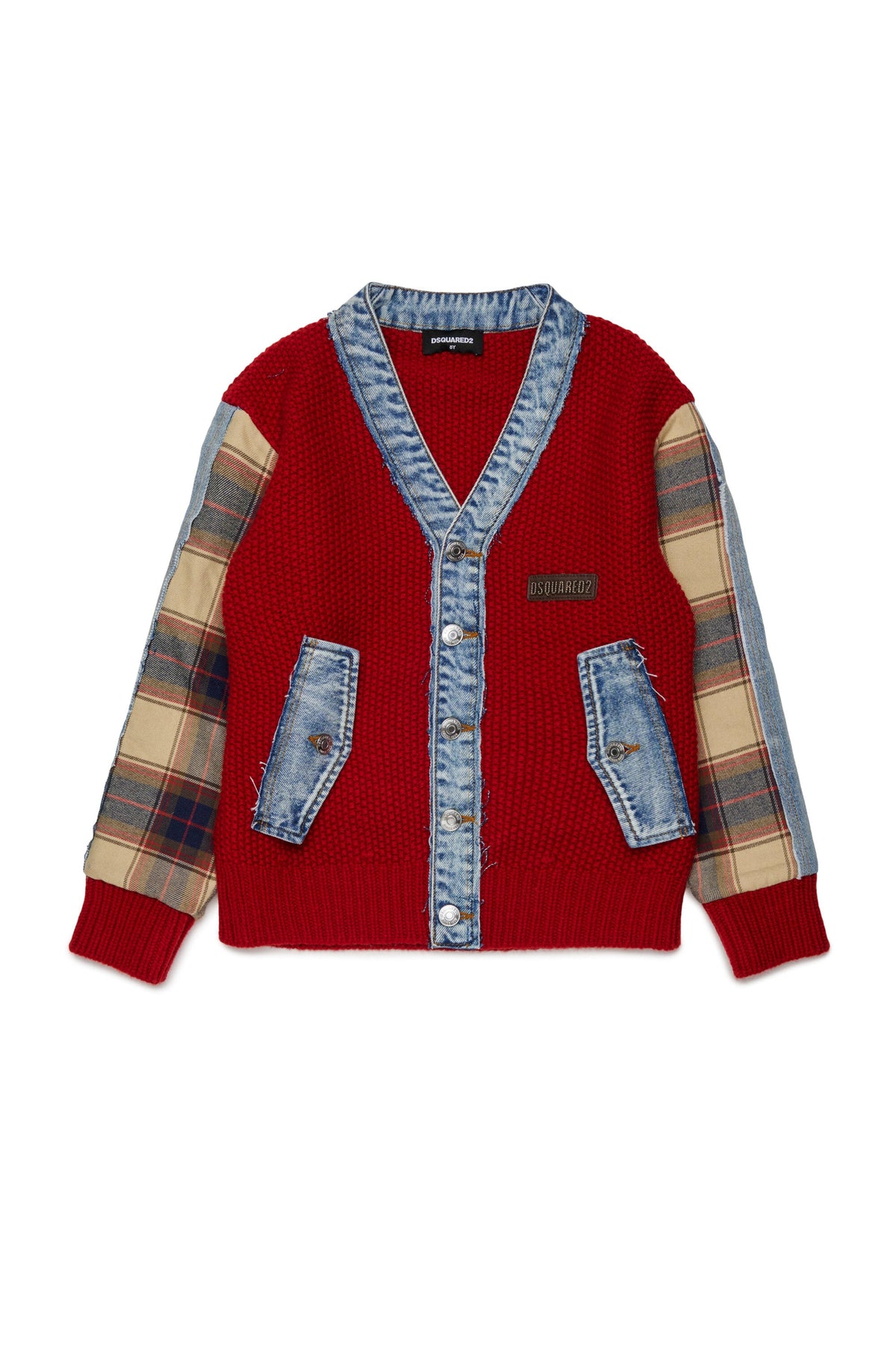 DSQUARED2 Cardigan rosso con dettagli denim e maniche scozzesi