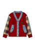 DSQUARED2 Cardigan rosso con dettagli denim e maniche scozzesi