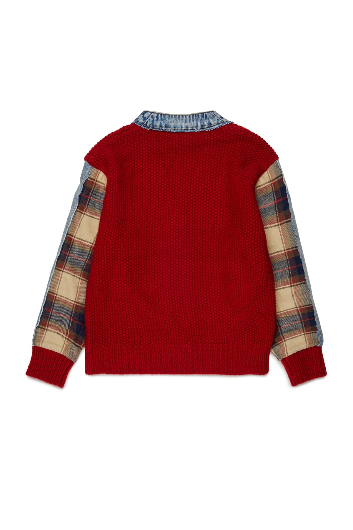 DSQUARED2 Cardigan rosso con dettagli denim e maniche scozzesi