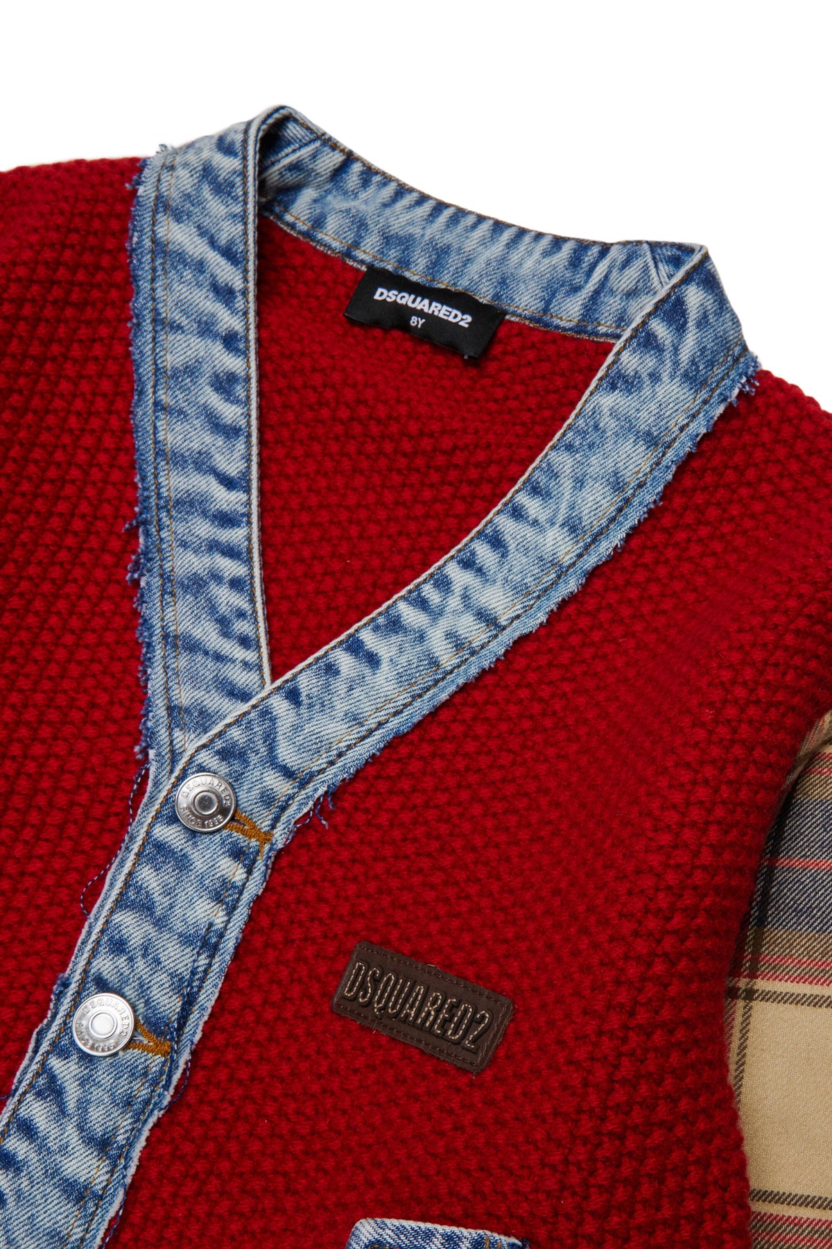 DSQUARED2 Cardigan rosso con dettagli denim e maniche scozzesi