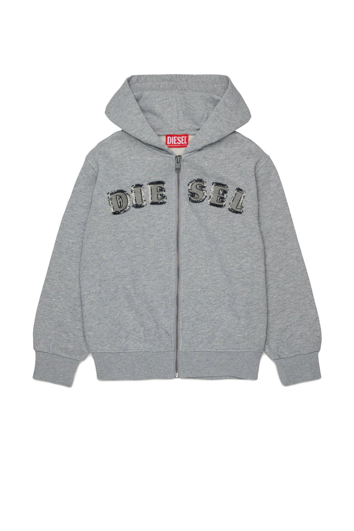 Diesel Felpa grigio melange con zip, cappuccio e logo