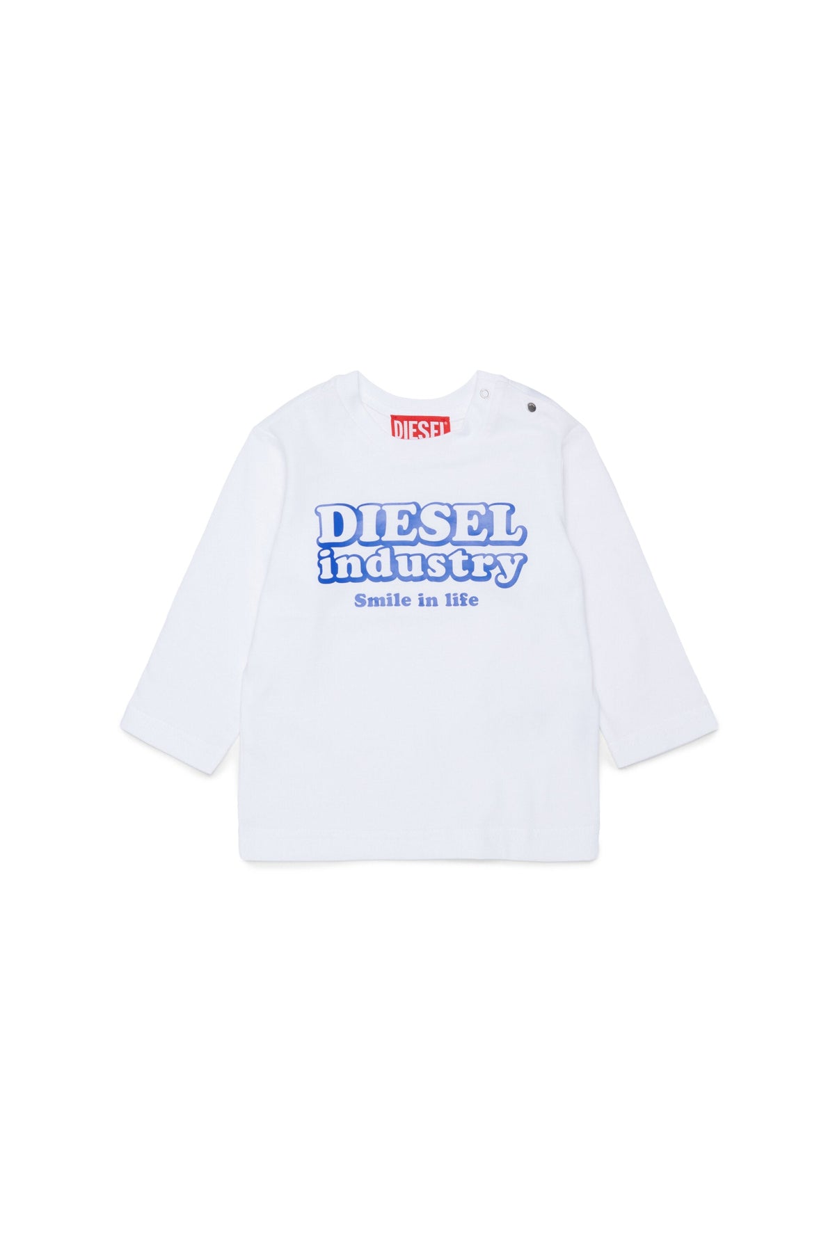Diesel T-shirt bianca maniche lunghe con logo e bottoni sulla spalla