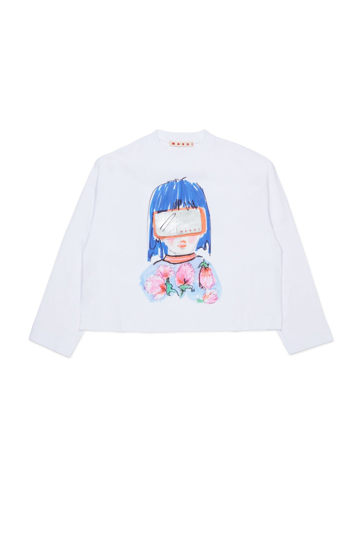 MARNI T-shirt bianca cropped a maniche lunghe con stampa