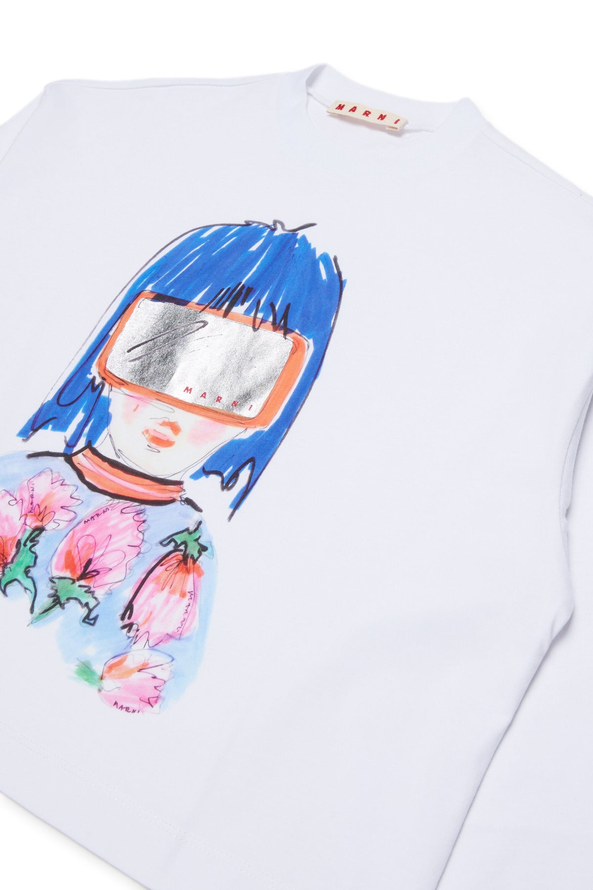 MARNI T-shirt bianca cropped a maniche lunghe con stampa