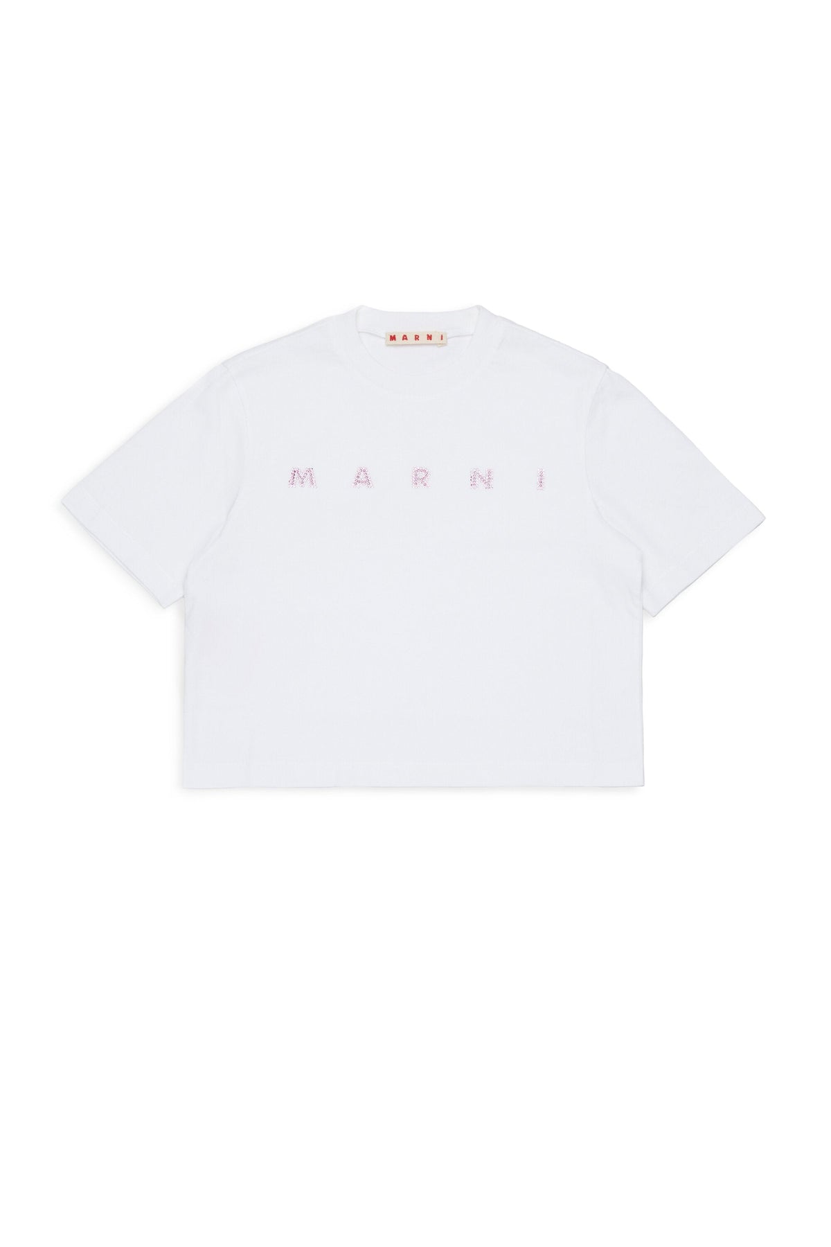 MARNI T-shirt bianca cropped con logo in cristalli