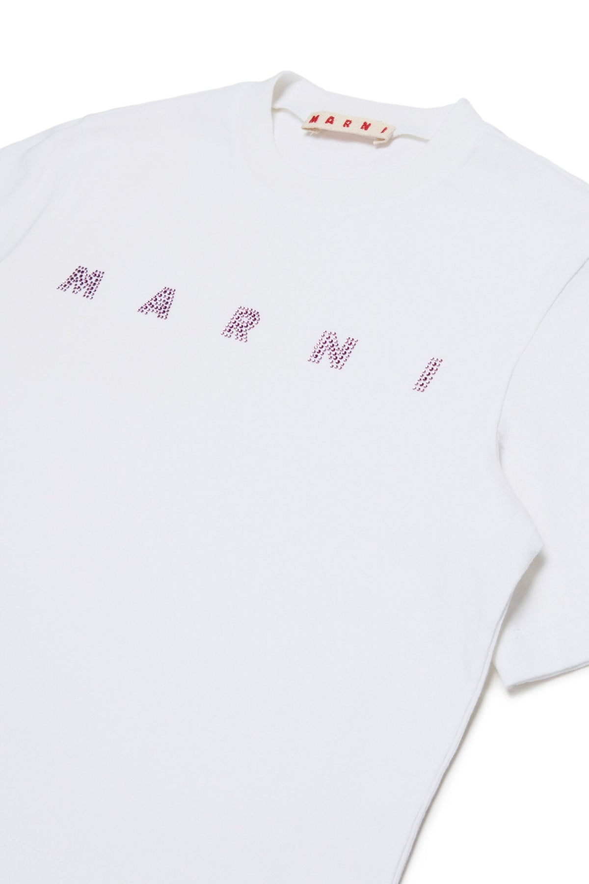 MARNI T-shirt bianca cropped con logo in cristalli