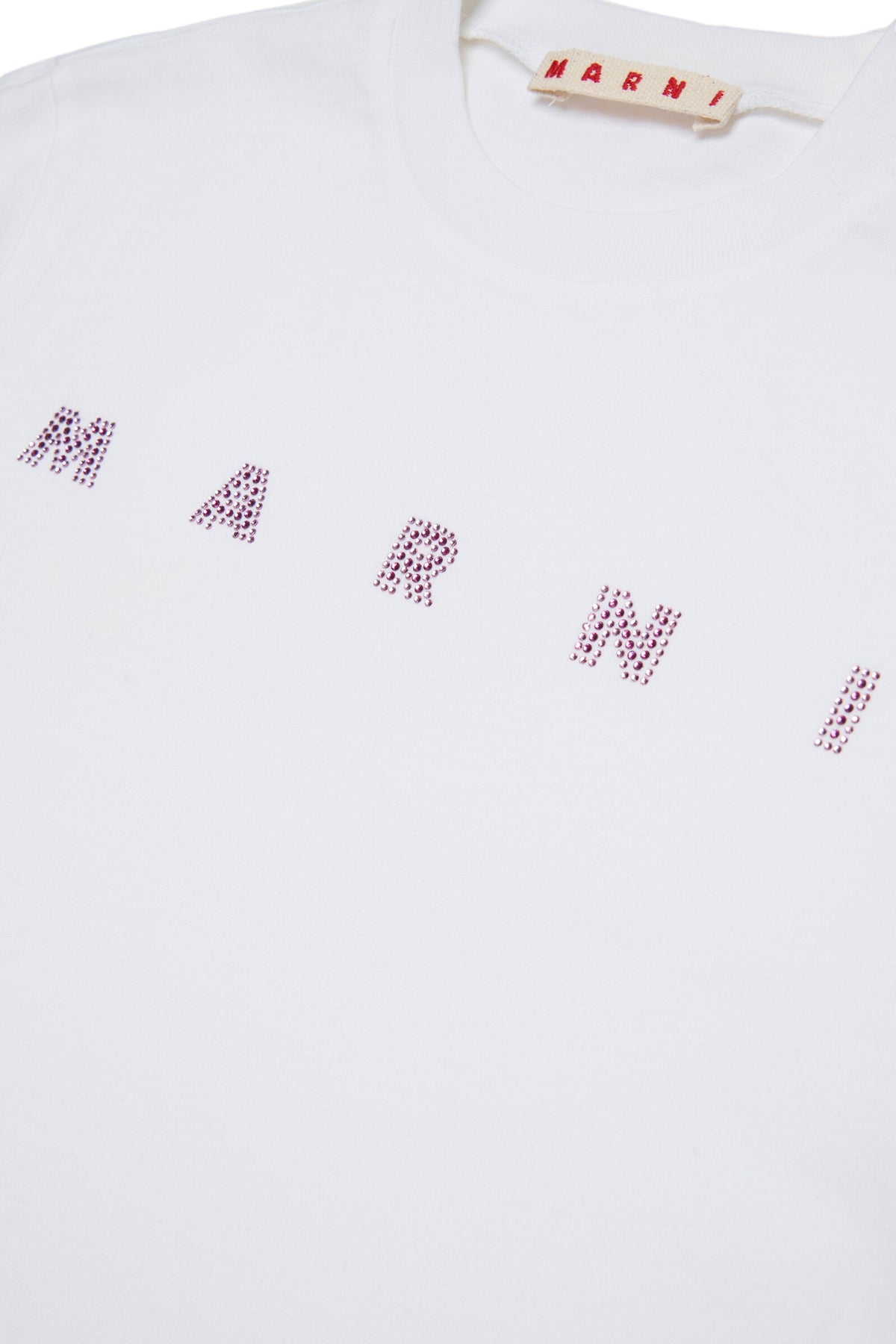 MARNI T-shirt bianca cropped con logo in cristalli