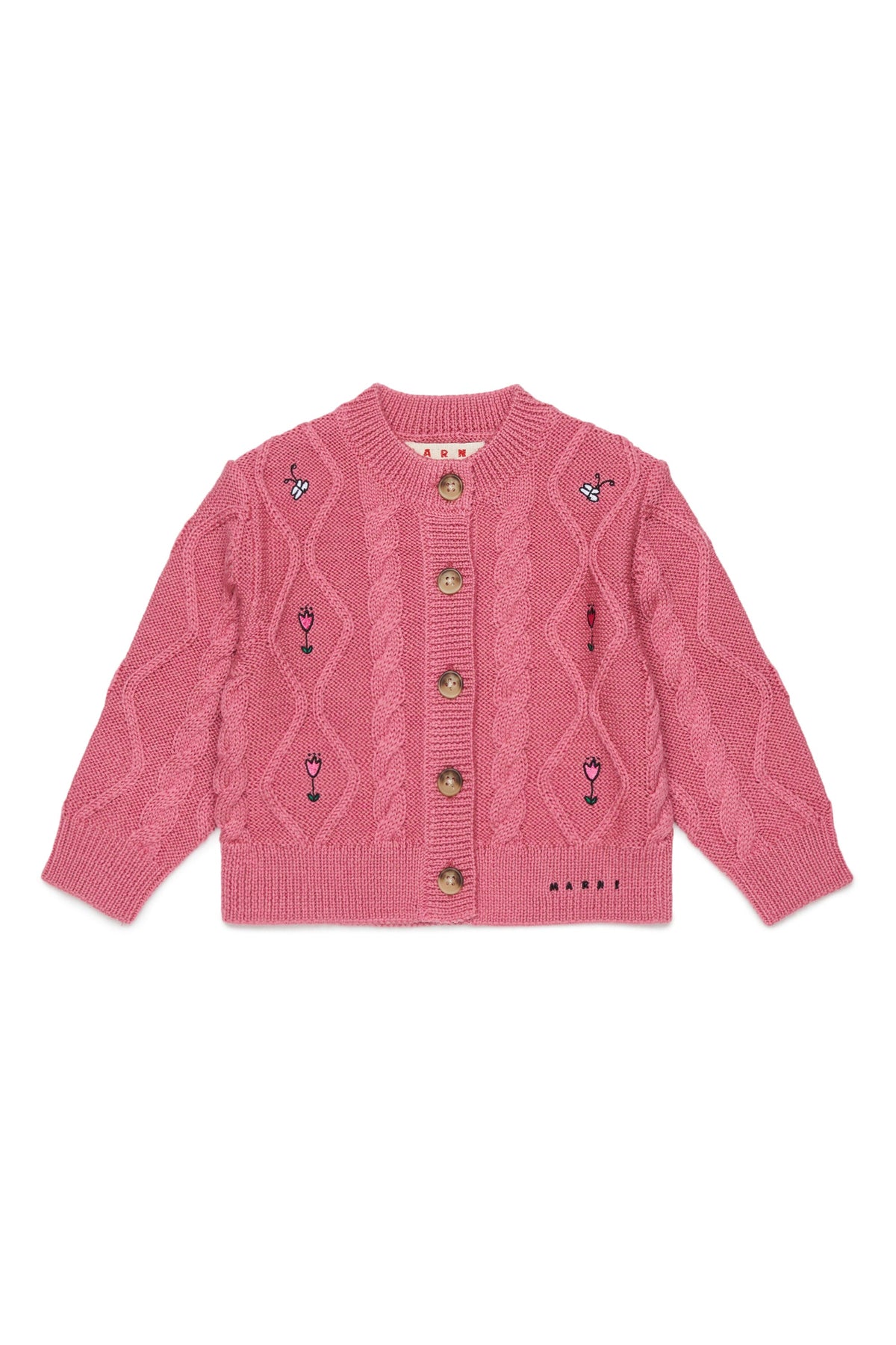 MARNI Cardigan rubino in lana con trecce e ricami floreali