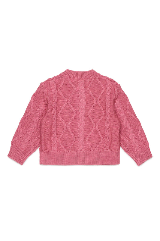 MARNI Cardigan rubino in lana con trecce e ricami floreali