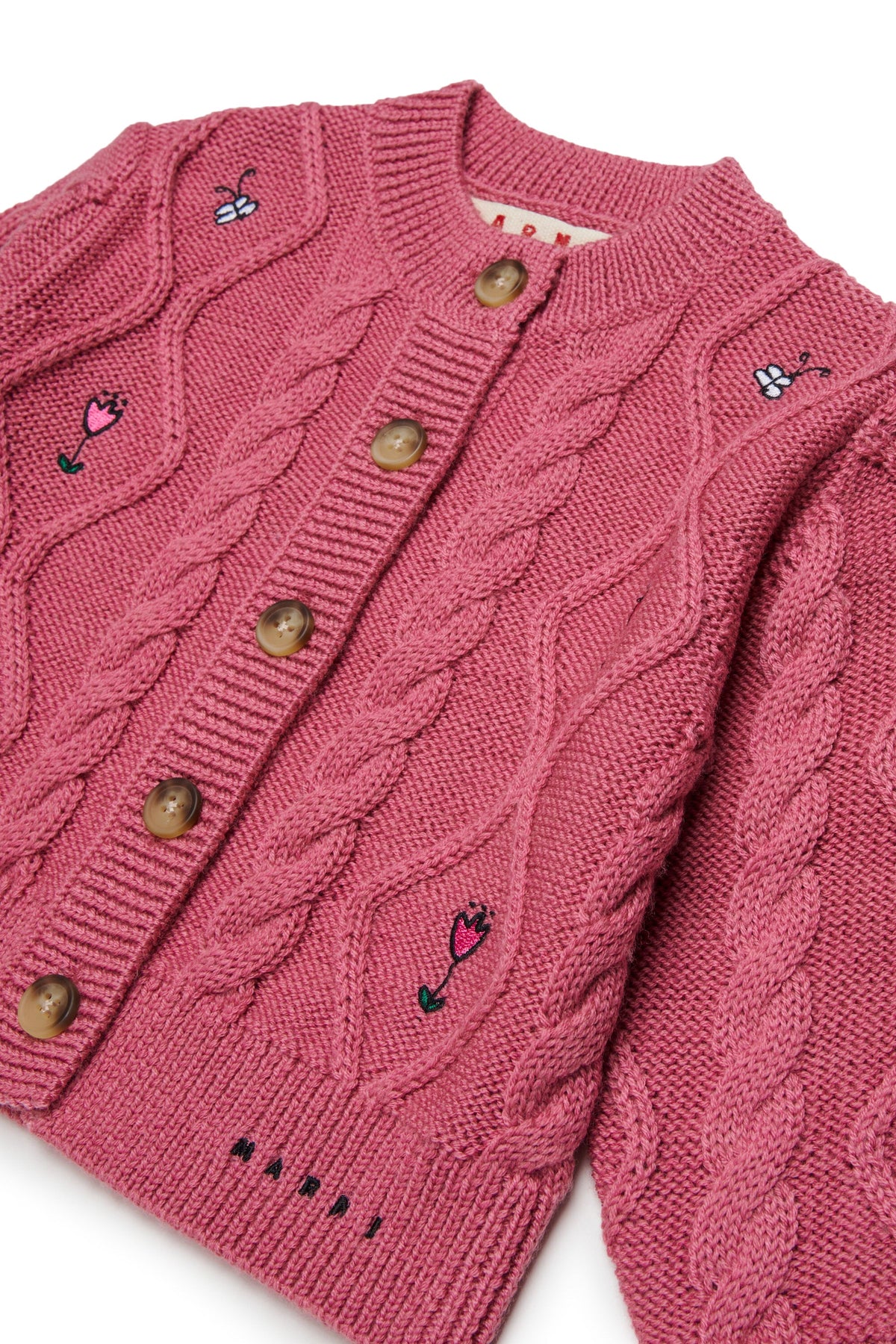 MARNI Cardigan rubino in lana con trecce e ricami floreali