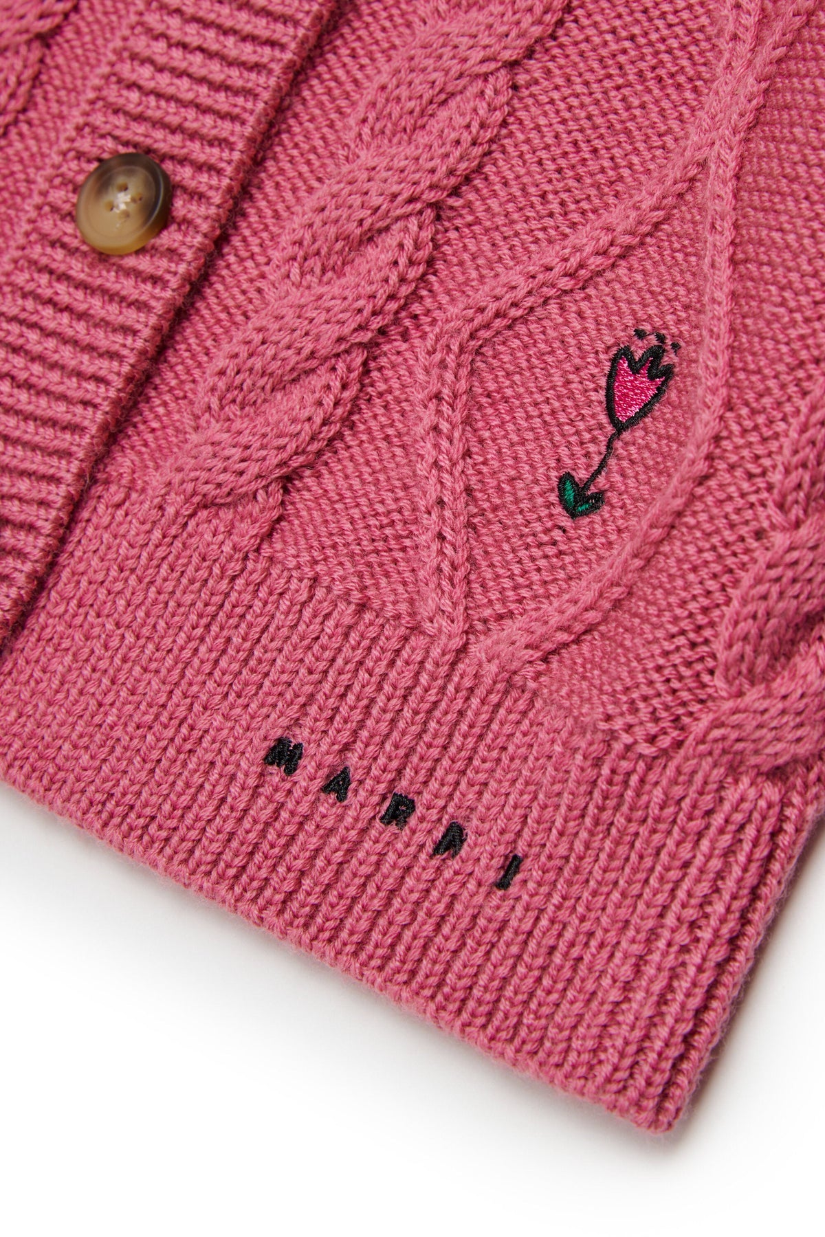 MARNI Cardigan rubino in lana con trecce e ricami floreali