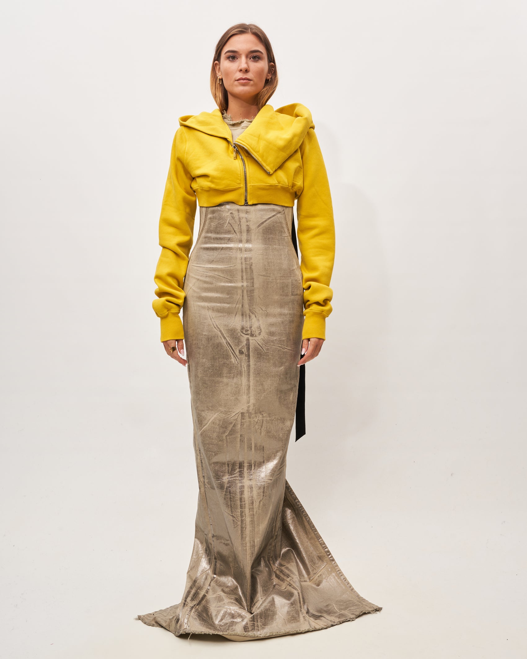 Rick Owens felpa cropped gialla con cappuccio