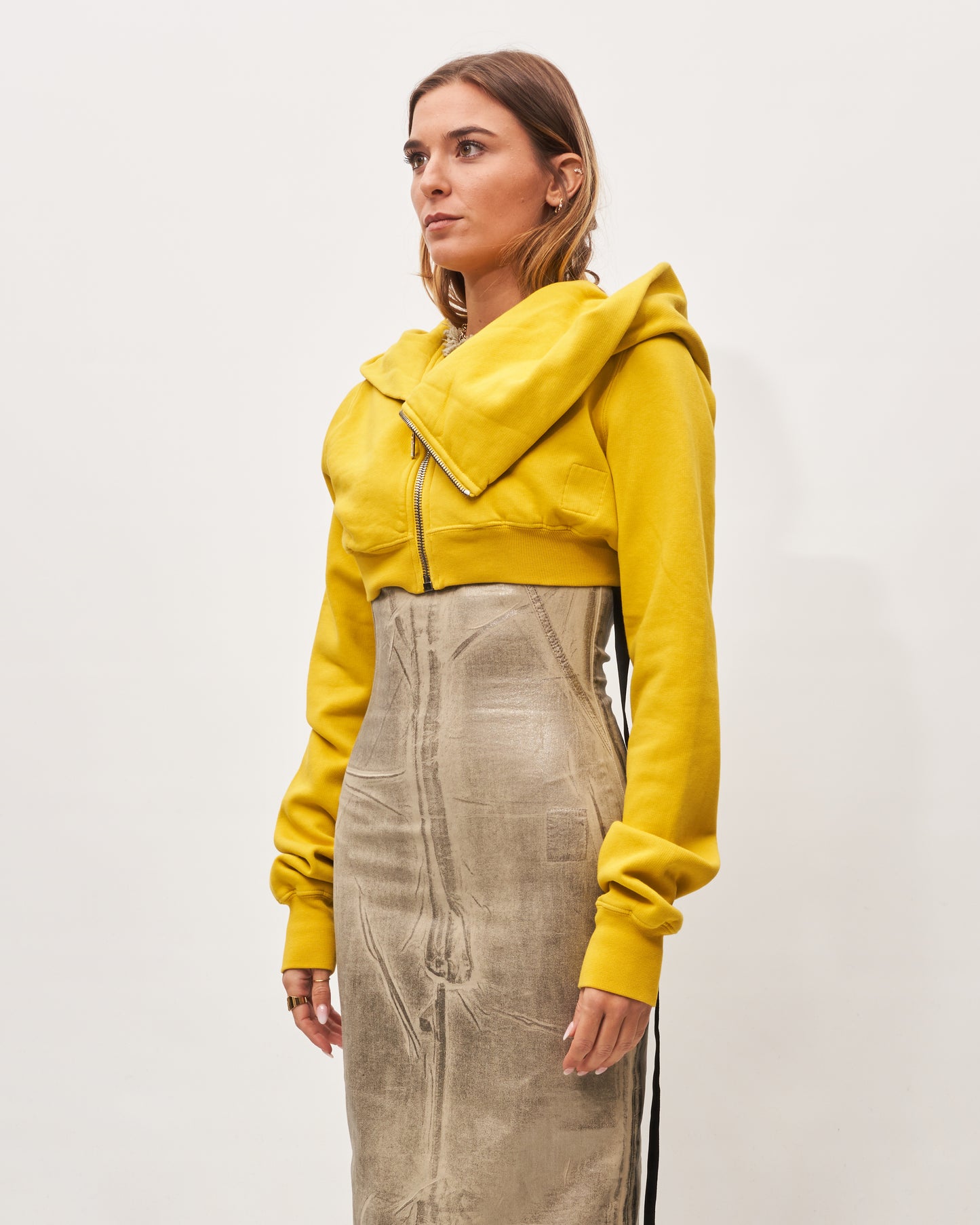 Rick Owens felpa cropped gialla con cappuccio
