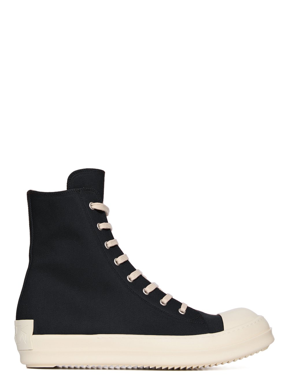 Rick Owens Hollywood high-top sneakers in black organic cotton side view showing milk rubber sole.
