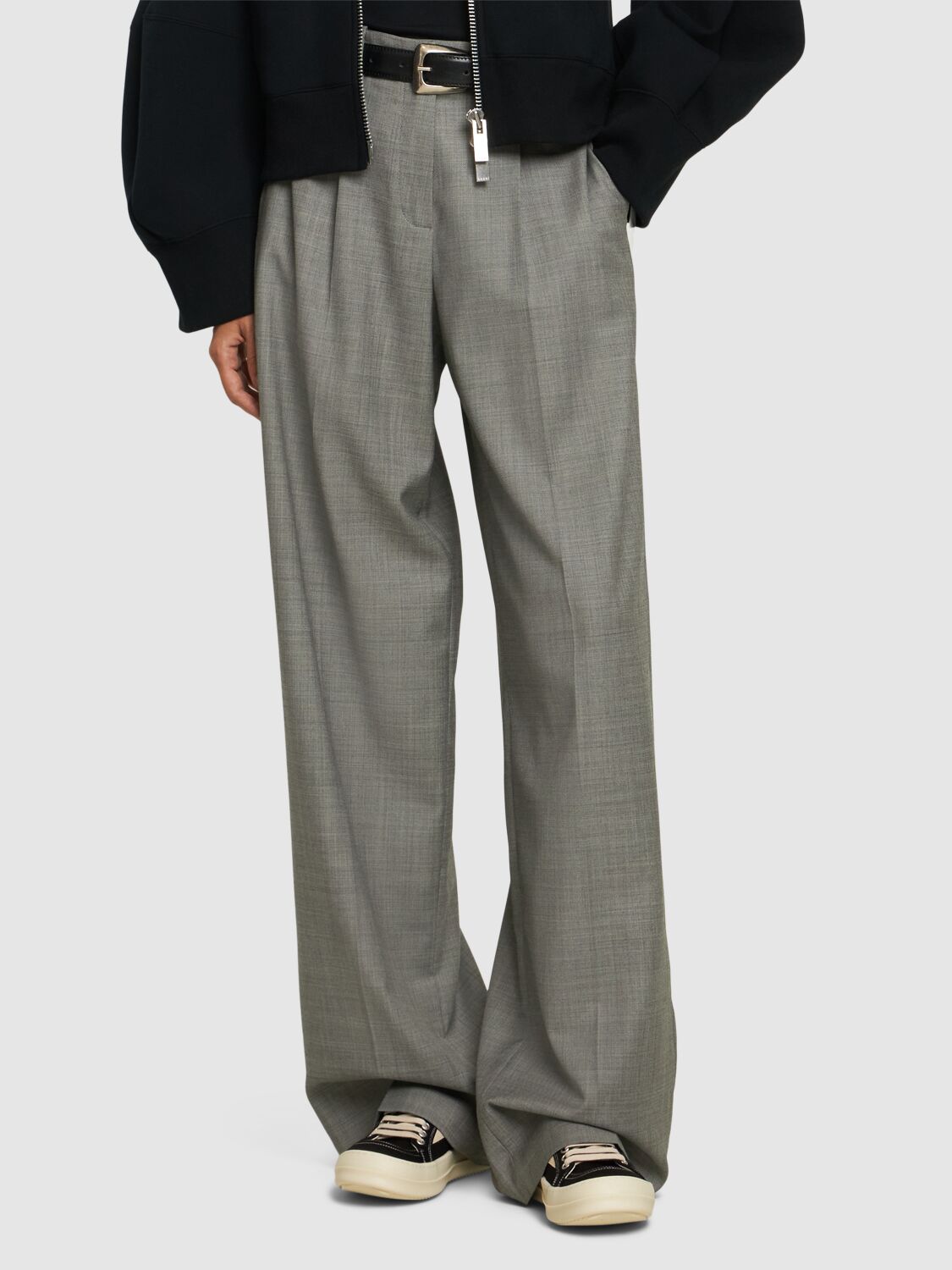 Rick Owens DRKSHDW Vintage Sneakers styled with wide leg pants close up view