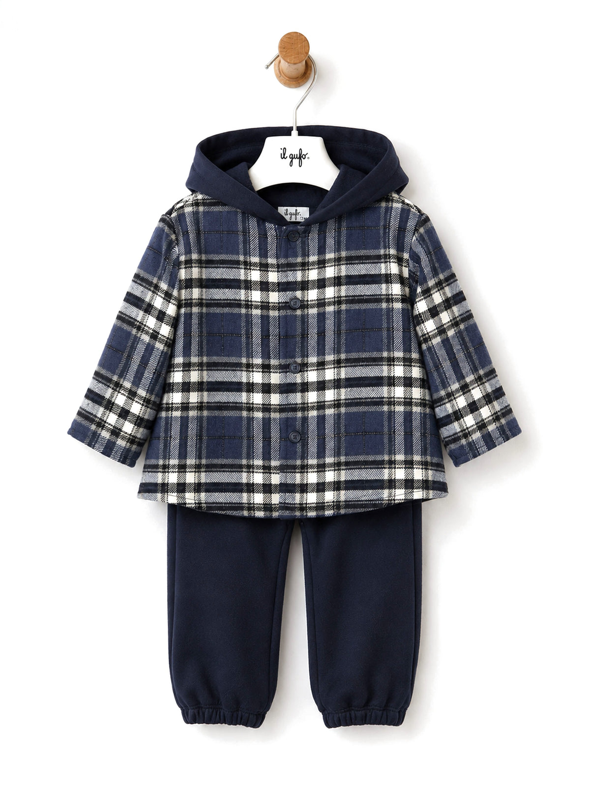 Il Gufo Completo giacca camicia scozzese con cappuccio e pantalone blu