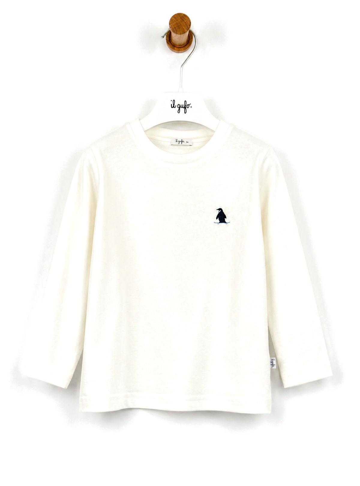 Il Gufo T-shirt latte a maniche lunghe con ricamo pinguino