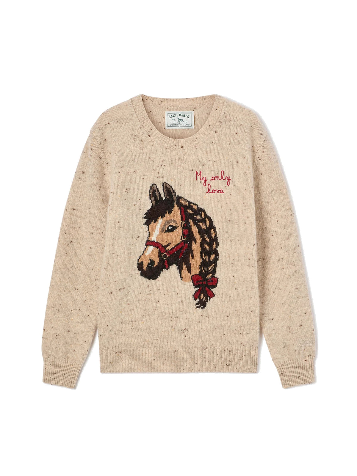 MC2 Saint Barth Maglia girocollo beige in Donegal con cavallo e ricamo My Only Love