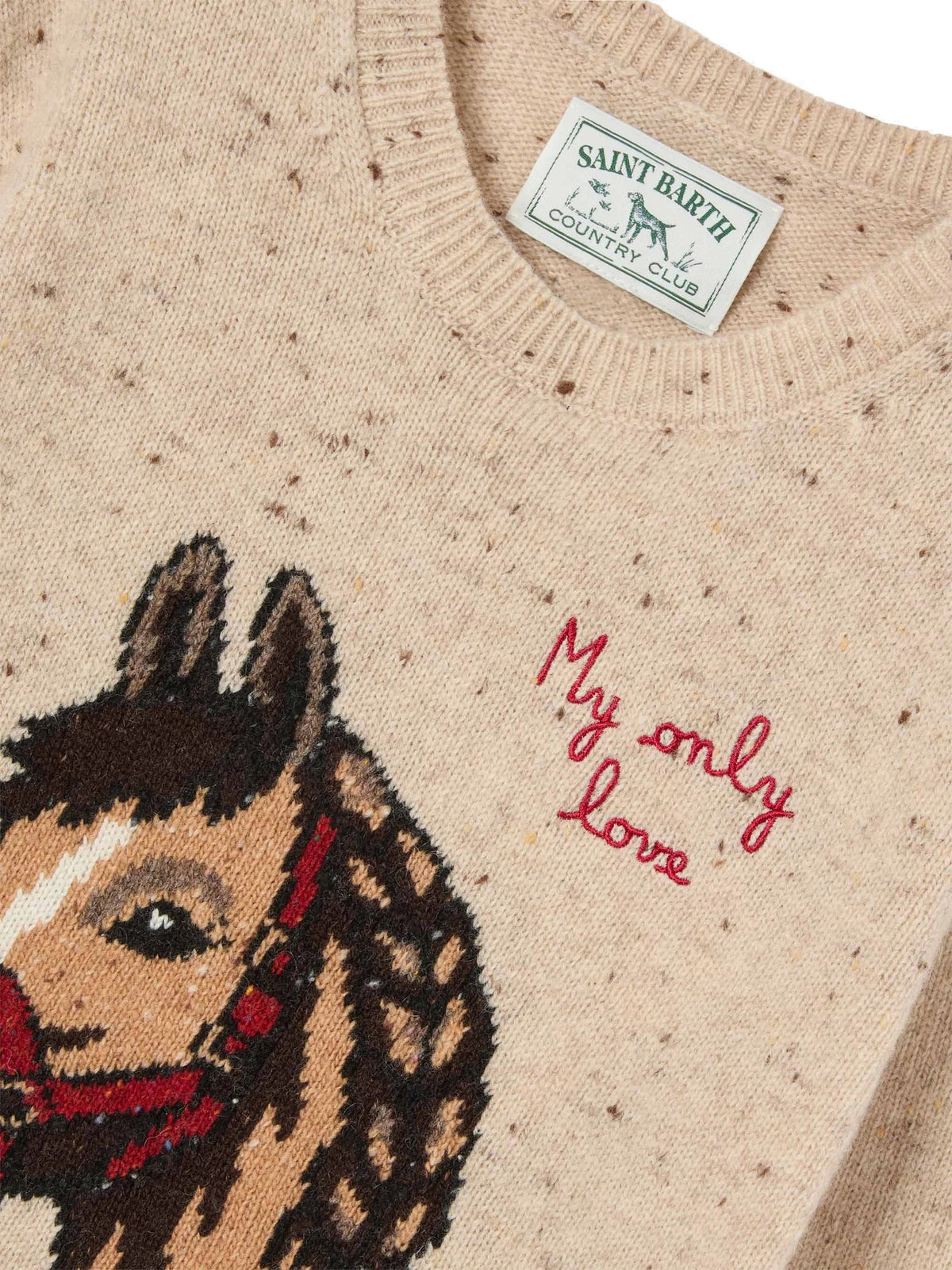 MC2 Saint Barth Maglia girocollo beige in Donegal con cavallo e ricamo My Only Love